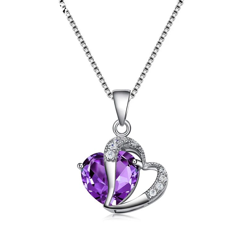 (DM001) 14K White Gold Plated GEMSTONE Heart Pendant Necklace With Message Card And Gift Box // Perfect Christmas Gift For Your Daughter