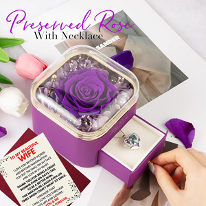 (WF2) Preserved Real Rose + Crystal Angel Wing Heart Pendant Necklace With Message Card And Gift Box // Perfect Gift For Your Wife