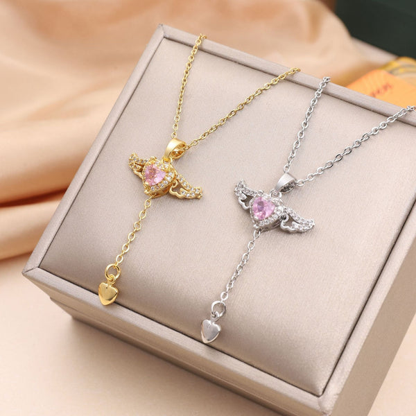 (GF002) Moveable Angel Wings Heart Pendant Necklace With Message Card And Gift Box // Christmas Gift For Your Girlfriend