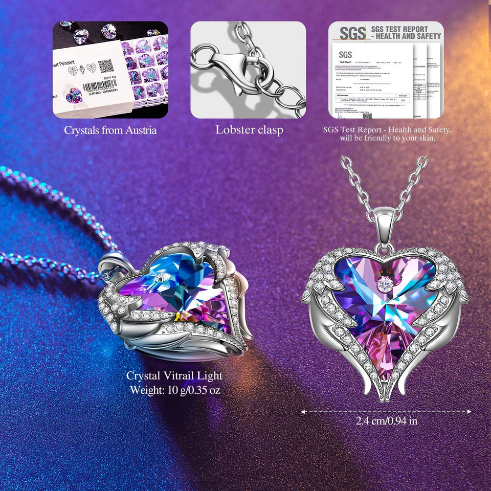 (WF3) Preserved Real Rose + Crystal Angel Wing Heart Pendant Necklace With Message Card And Gift Box // Perfect Gift For Your Wife