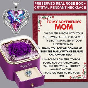 (BFO1) Preserved Real Rose + Crystal Angel Wing Heart Pendant Necklace With Message Card And Gift Box // Perfect Christmas Gift For Your Boyfriend's Mom