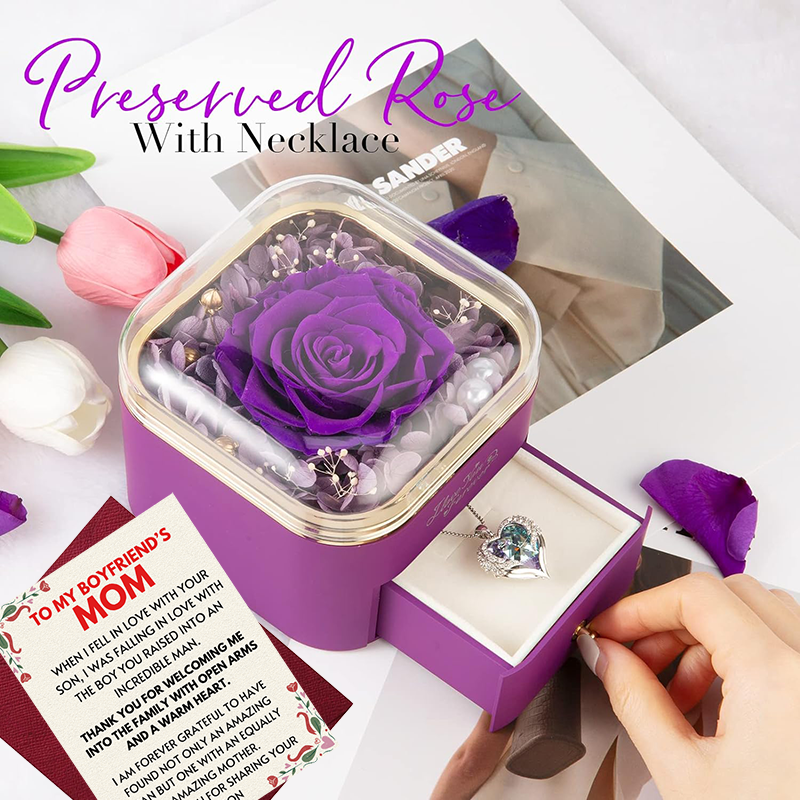 (BFO1) Preserved Real Rose + Crystal Angel Wing Heart Pendant Necklace With Message Card And Gift Box // Perfect Christmas Gift For Your Boyfriend's Mom