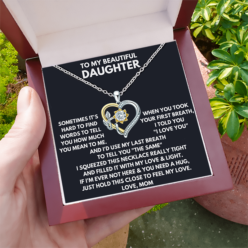 (DM1) Moissanite Diamond + Sterling Silver Sunflower Heart Pendant Necklace With Message Card And Gift Box // Perfect Christmas Gift For Your Daughter