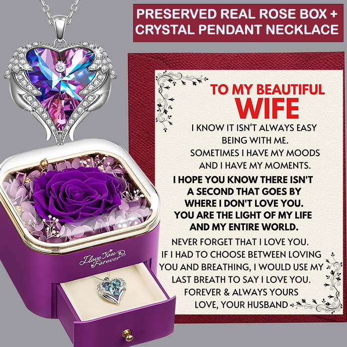 (WF1) Preserved Real Rose + Crystal Angel Wing Heart Pendant Necklace With Message Card And Gift Box // Perfect Christmas Gift For Your Wife