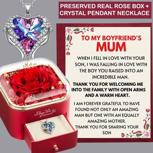 (BFU1) Preserved Real Rose + Crystal Angel Wing Heart Pendant Necklace With Message Card And Gift Box // Perfect Christmas Gift For Your Boyfriend's Mum