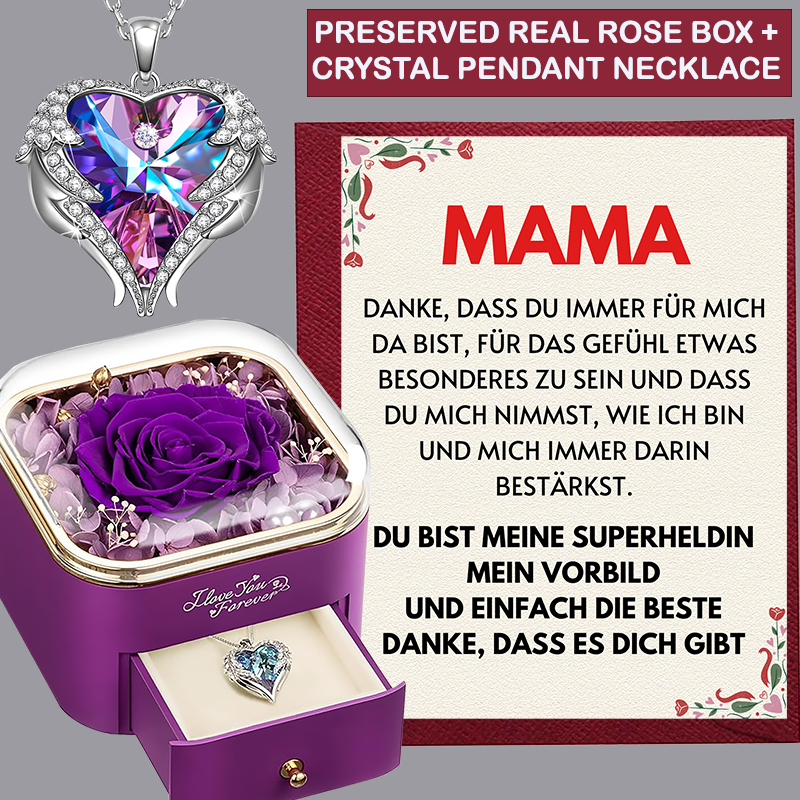 (MM1) Preserved Real Rose + Crystal Angel Wing Heart Pendant Necklace With Message Card And Gift Box // Perfect Gift For Your Mother