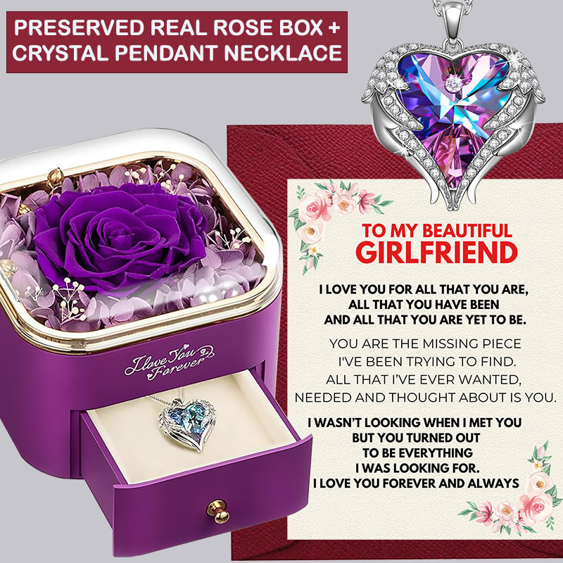 [BUY TODAY AND RECEIVE BEFORE CHRISTMAS] (GF1) Preserved Real Rose + Crystal Angel Wing Heart Pendant Necklace With Message Card And Gift Box // Perfect Christmas Gift For Your Girlfriend