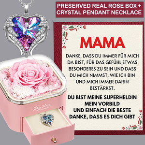 (MM1) Preserved Real Rose + Crystal Angel Wing Heart Pendant Necklace With Message Card And Gift Box // Perfect Gift For Your Mother