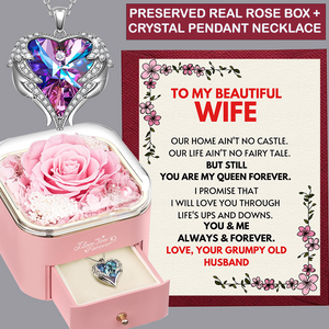 (WF3) Preserved Real Rose + Crystal Angel Wing Heart Pendant Necklace With Message Card And Gift Box // Perfect Gift For Your Wife