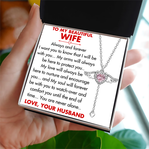 (WF002) Moveable Angel Wings Heart Pendant Necklace With Message Card And Gift Box // Christmas Gift For Your Wife
