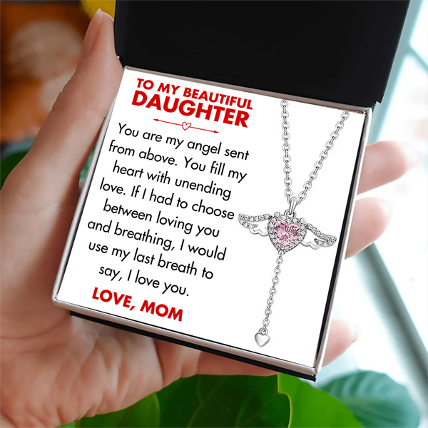 (DM001) Moveable Angel Wings Heart Pendant Necklace With Message Card And Gift Box // Christmas Gift For Your Daughter