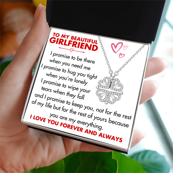 (GF001) Magnetic Folding Heart Four Leaf Clover Pendant Necklace With Message Card And Gift Box // Christmas Gift For Your Girlfriend