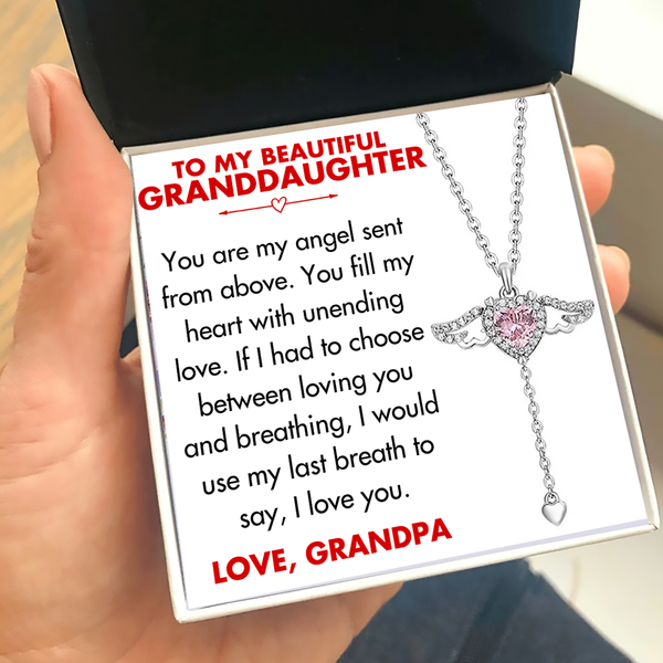 (GDP001) Moveable Angel Wings Heart Pendant Necklace With Message Card And Gift Box // Christmas Gift For Your Granddaughter