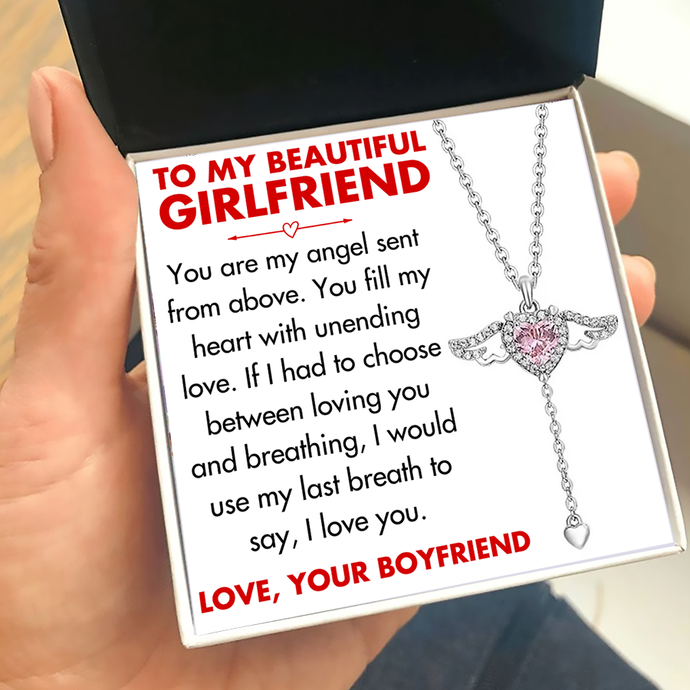 (GF001A) Moveable Angel Wings Heart Pendant Necklace With Message Card And Gift Box // Christmas Gift For Your Girlfriend