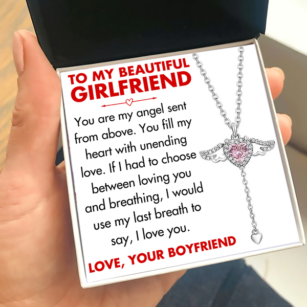 (GF001) Moveable Angel Wings Heart Pendant Necklace With Message Card And Gift Box // Christmas Gift For Your Girlfriend