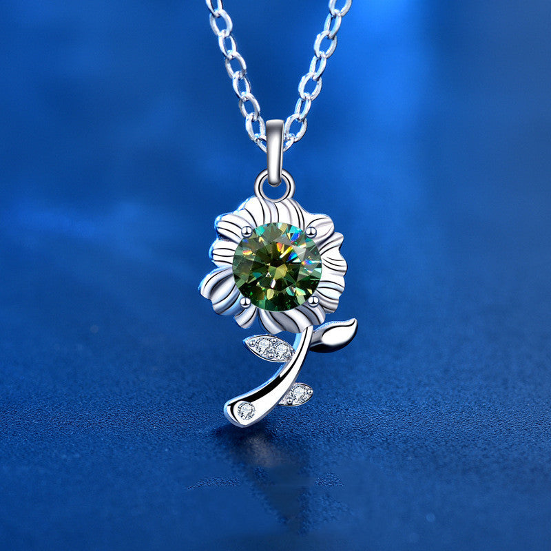 (DM003) Moissanite Diamond Sunflower Pendant Sterling Silver Necklace With Message Card And Gift Box// Perfect Christmas Gift For Your Daughter