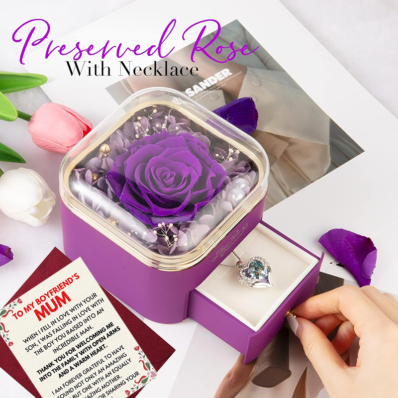 (BFU1) Preserved Real Rose + Crystal Angel Wing Heart Pendant Necklace With Message Card And Gift Box // Perfect Christmas Gift For Your Boyfriend's Mum